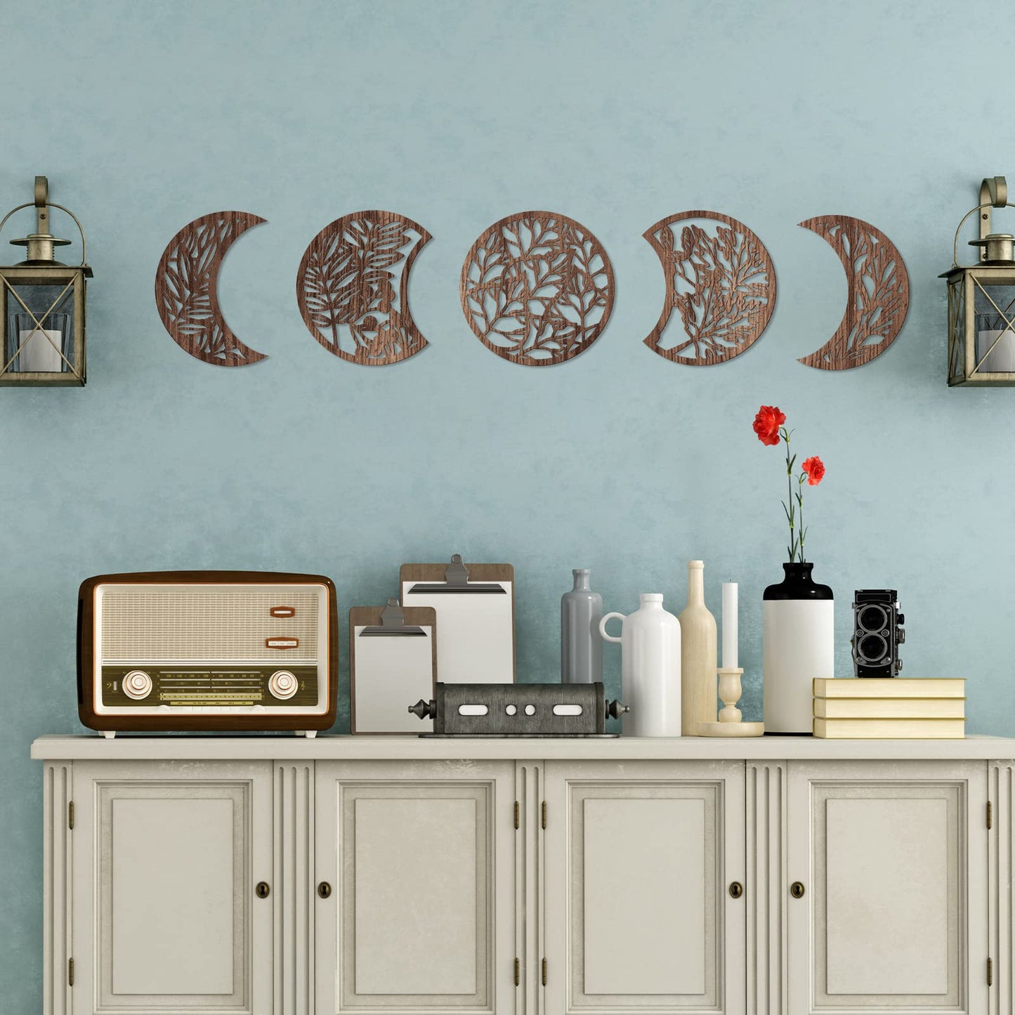 Jetec 5 Pcs Moon Phase Wall Art Decor Wall Pediments Hanging Wooden Phase Spiritual Bedroom Nordic Boho Lunar Aesthetic Art for Living Room Dorm Apartment Ornament(Brown,10.6 Inch,Botanical)