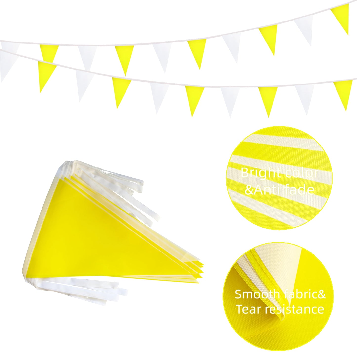 Rotenl 50 Feet 30 Pcs Yellow and White Pennant Banner Flags String Hanging Triangle DIY Flags, Bunting Streamers Decorations for Grand Opening, Birthday, Wedding, Party Celebration (1)