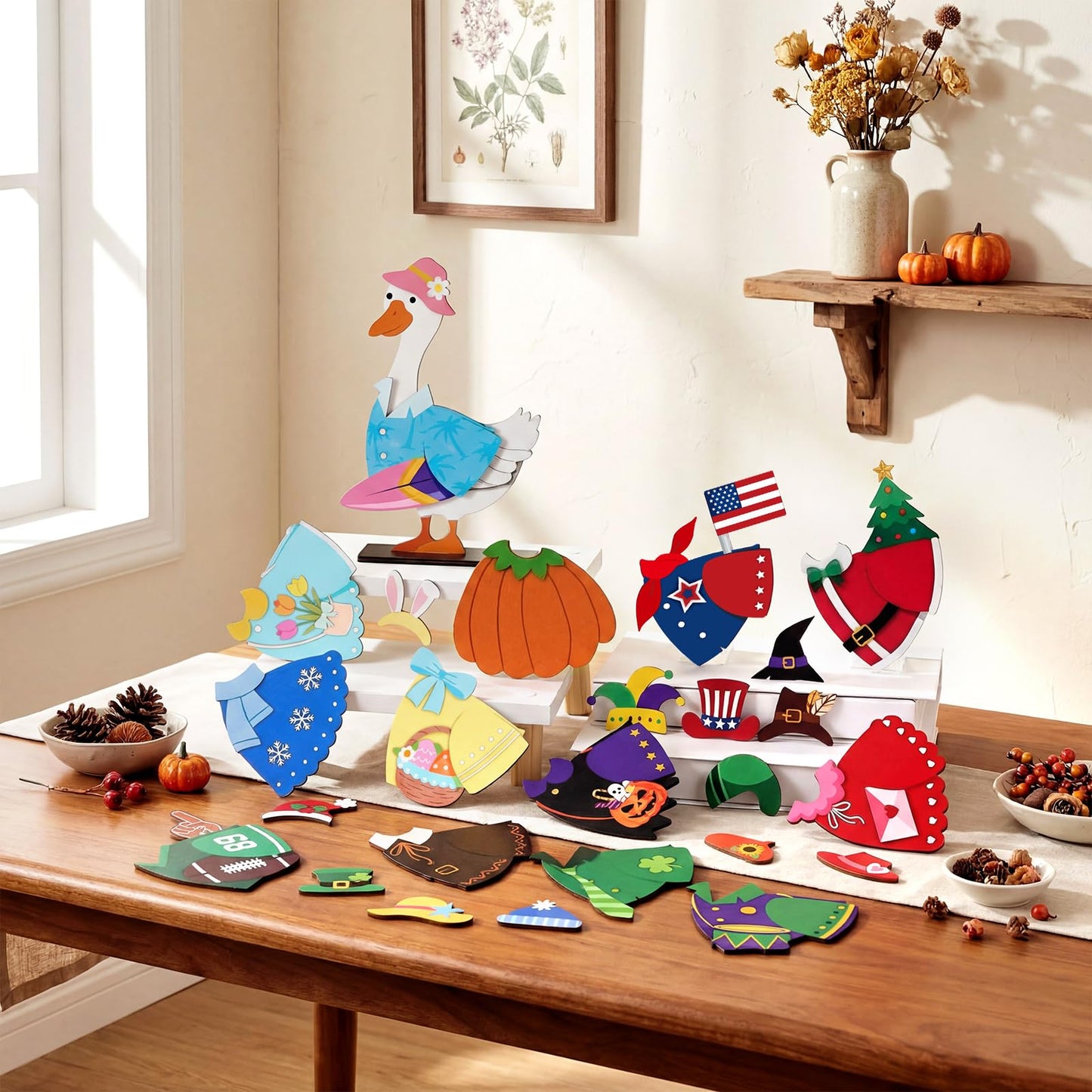 Menkxi 27 Pcs Interchangeable Seasonal Goose Table Decor Wooden Desk Goose Outfit Signs Farmhouse Table Centerpiece with Holiday Icon Rustic Spring Patriotic Memorial Day Spring Decor for Home Office