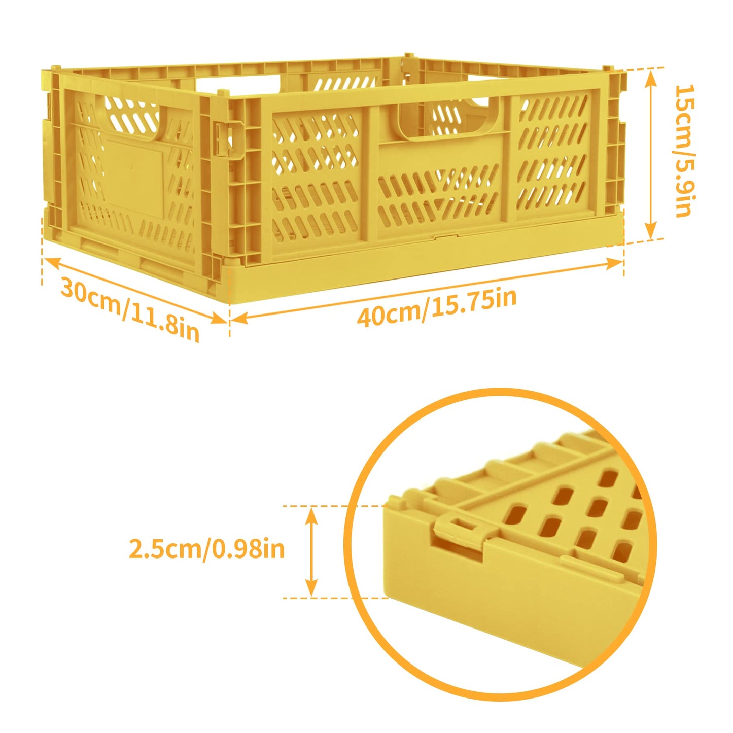 Domiella 2-Pack Crates for Storage, Storage Crates Plastic Stackable, Foldable Crate for Office Home Kitchen Bedroom Bathroom (Large, Golden Yellow)