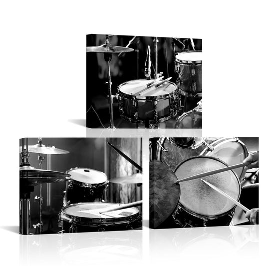 LyerArtork 3 Piece Music Wall Art Canvas Prints Black and White Rock Band Shelf Drum Set Musical Instruments Pictures Artwork Wall Decor for Home Living Room Musical Studio 12x16inchx3