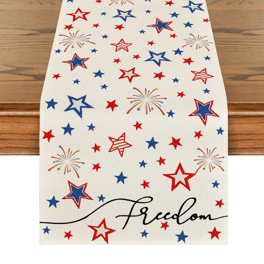 Artoid Mode Patriotic Freedom Stars 4th of July Table Runner, Memorial Day Holiday Kitchen Dining Table Decor for Indoor Outdoor Home Party Decoration 13 x 72 Inch