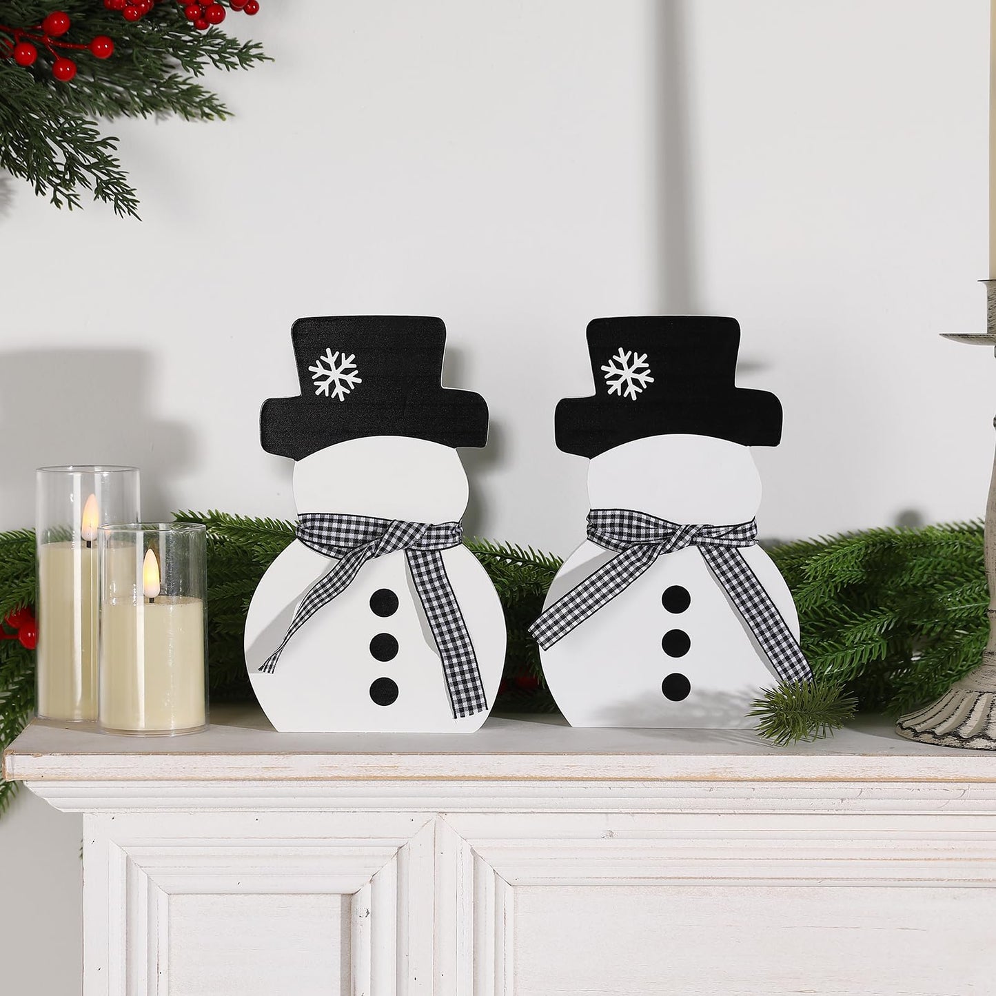 Christmas Decorations-2pcs Winter Wooden Snowman Signs Winter White Standing Farmhouse Snowman for Office Table Mantle Home Xmas Party Decor