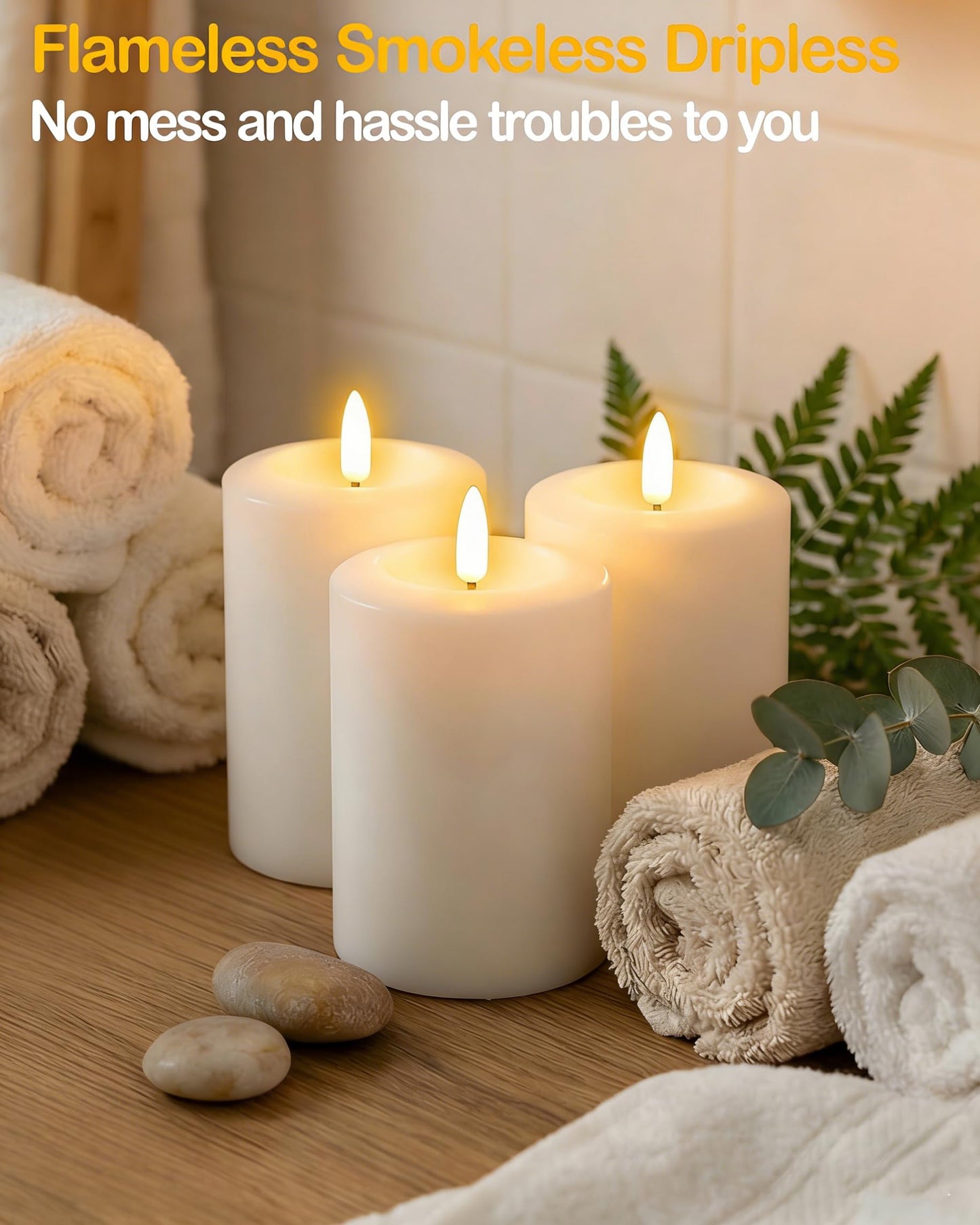 Gmnee 3"x4" Flickering Flameless Candles with Remote Timer, Real Wax, White Pillar Candles, Set of 3 Fake LED Battery Operated Candles for Home, Fireplace, Centerpiece, Rustic and Farmhouse Decor