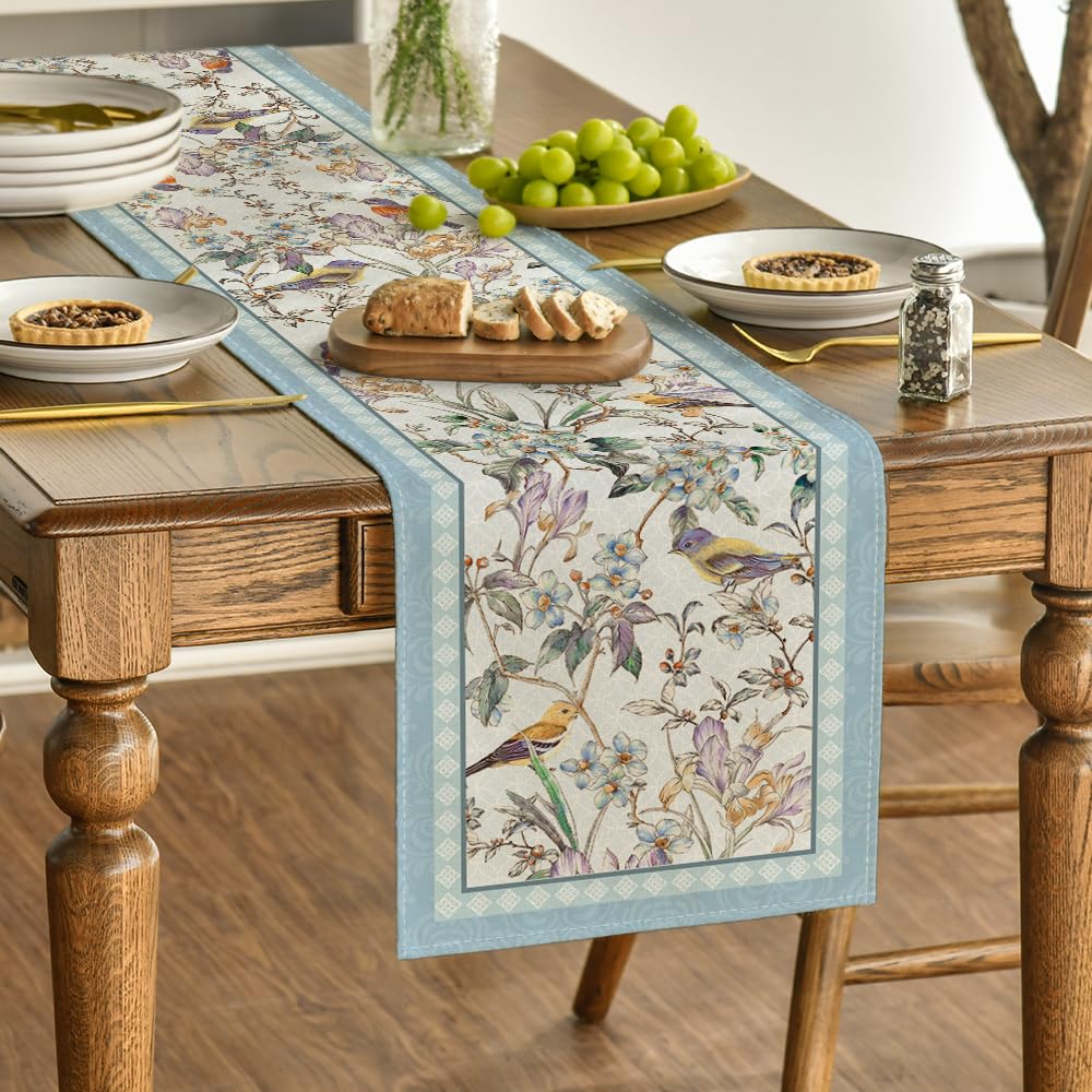 Artoid Mode Blue Birds Flowers Blossom Table Runner, Seasonal Spring Floral Kitchen Dining Table Decoration for Home Party Decor 13x72 Inch