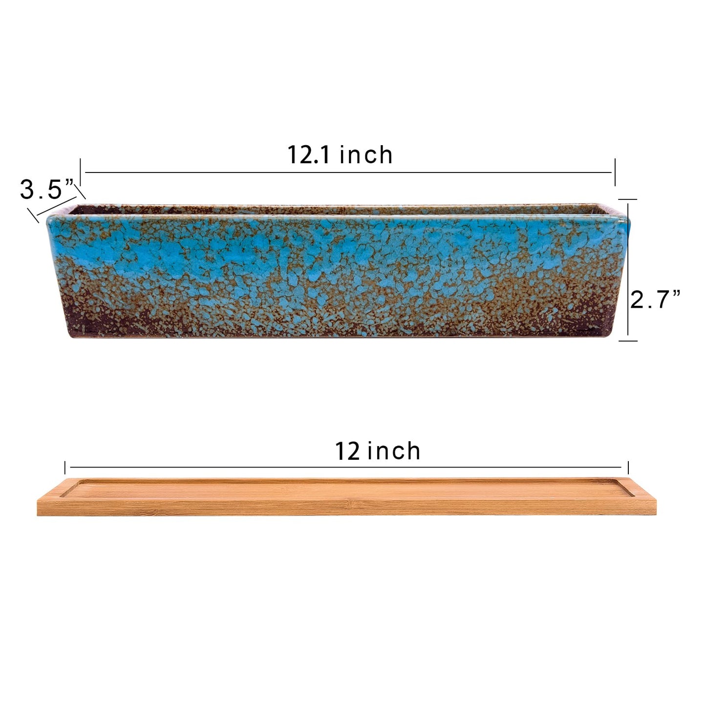 Succulent Pots - 12.1 Inch Large Succulent Planters Pots with Drainage Tray, Long Rectangle Ceramic Pot for Indoor Cactus/Succulent Plants Shallow Bonsai Window Box for Home Garden Decor (Blue)