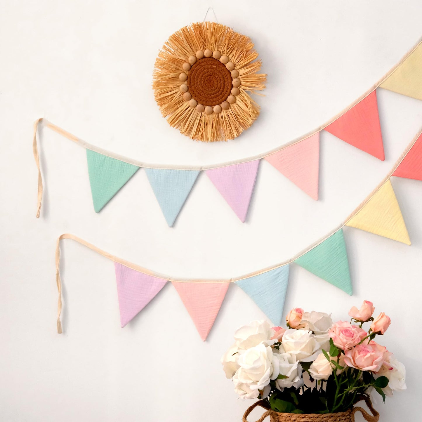 JUIIZAY Pennant Banner Flags Pastel Fabric Triangle Bunting Garland for Playroom Nursery Decor Hanging Party Decorations