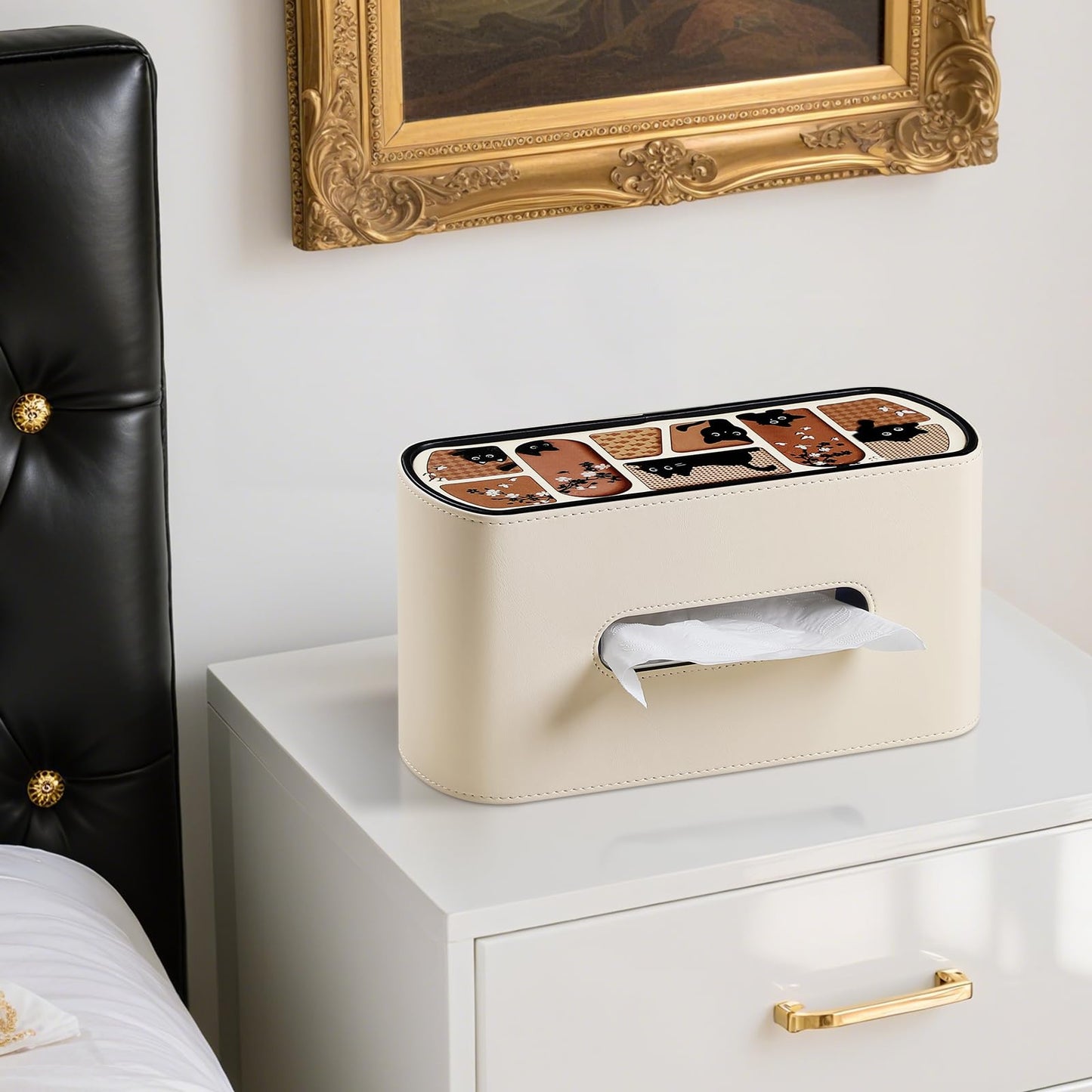 MEIBOOCH Cat-Themed Tissue Box Cover with Curved Edge, Rectangle Tissue Box Holder for up to 4 Inches High Boxes (Beige)