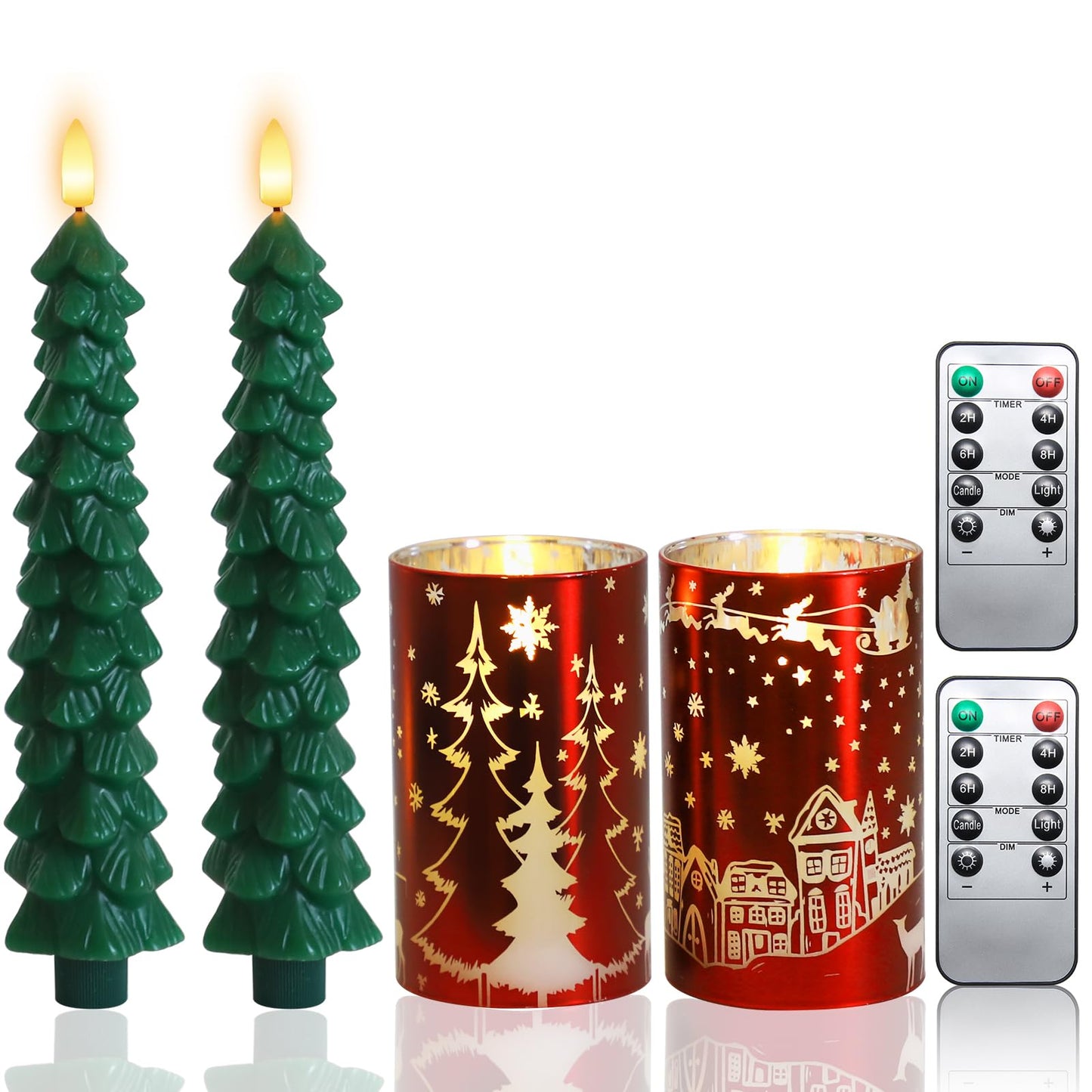 MUMCHASI Chritsmas Flameless Candles, Battery Operated Christmas Candles, Real Wax Glass Flickering LED Candles, Tree Candlestick for Home Christmas Decor, Remote Timer
