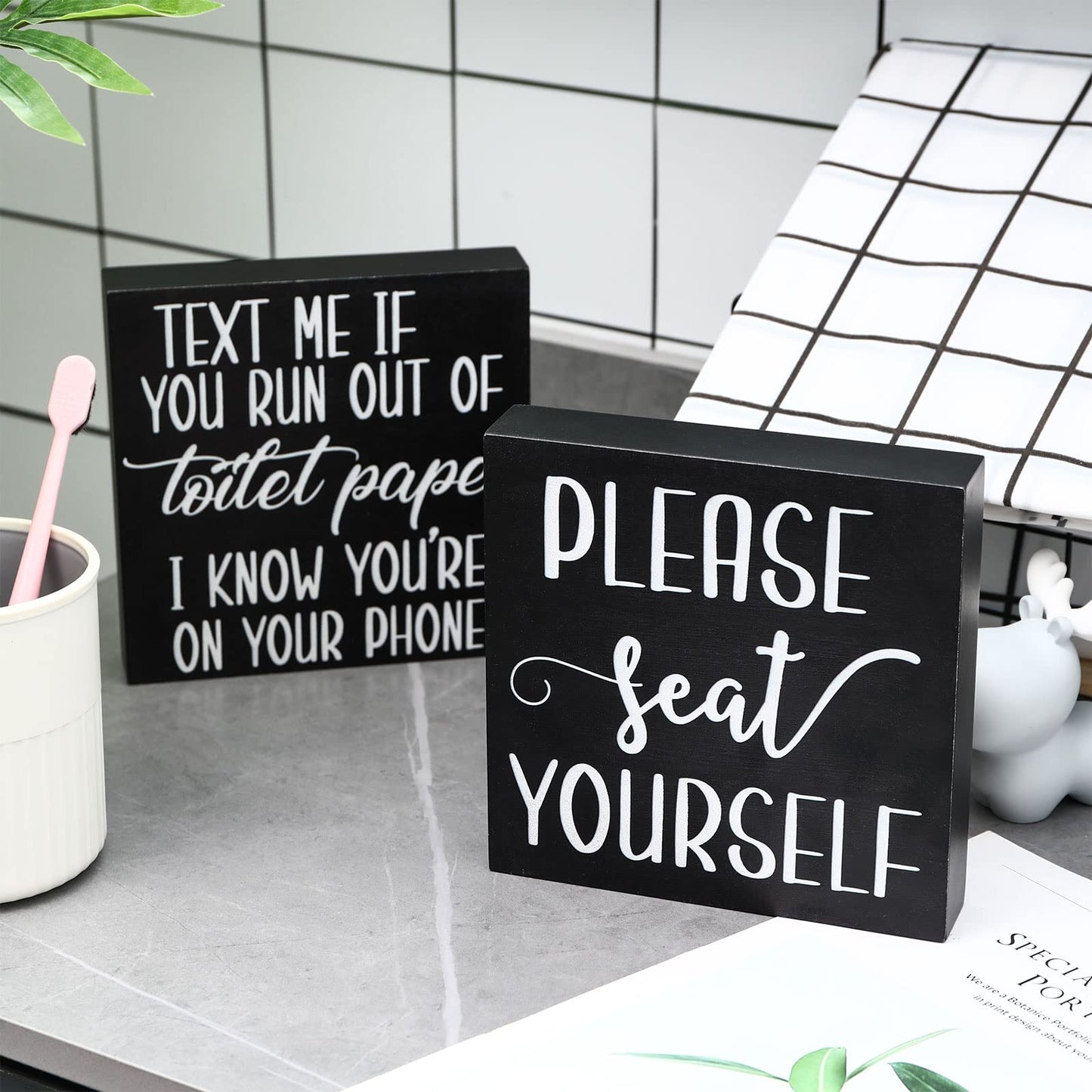 Jetec Set of 2 Farmhouse Bathroom Signs Decor Funny Rustic Wood Plaque Bathroom Wall Art Please Seat Yourself Wooden Toilet Signs for Home Restroom Shelves(Black)