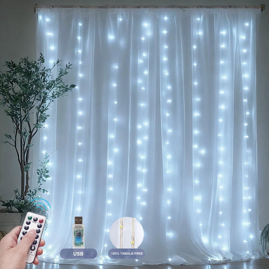 HOLITS Fairy Curtain Lights Upgraded Tangle-Free Cool White USB Plug in 8 Modes String Hanging Lights with Remote for Christmas, Bedroom, Indoor, Outdoor, Weddings, Party (6.6FTx6.6FT)