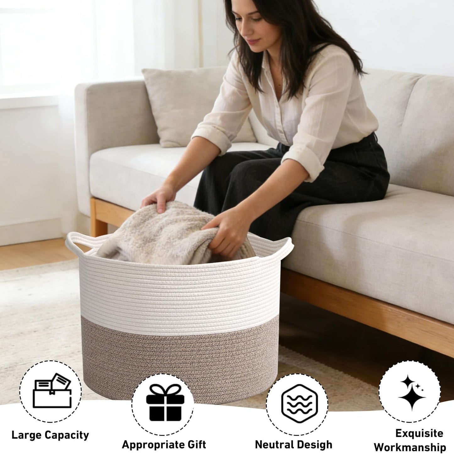 HZFTJOY Large Woven Blanket Basket,65L Cotton Rope Laundry Basket Hamper with Handles, Decorative Nursery Basket Storage Bin for Toys, Clothes Organizer, Living Room, Bedroom, Bathroom, White & Brown