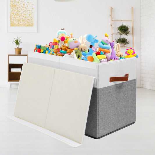 Gowee Large Toy Storage Box with Lid, Sturdy Toys Storage Chest Bin Organizer Basket with Dividers for Kids, Boys, Girls, Nursery, Closet, Bedroom, Playroom 25"x13" x16" (Grey and White)