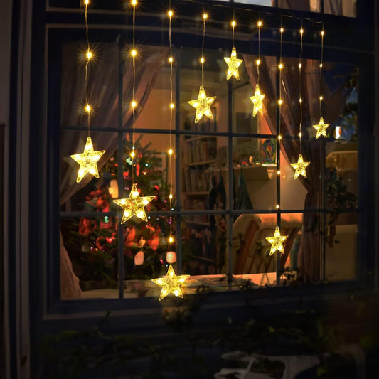 Quntis Star Christmas Window Lights, 76 LEDs 9 Stars Curtain Lights Battery Operated with Timer, 8 Mode Xmas Hanging Window Decorations Lights Indoor Backdrop for Bedroom Wall, Warm White