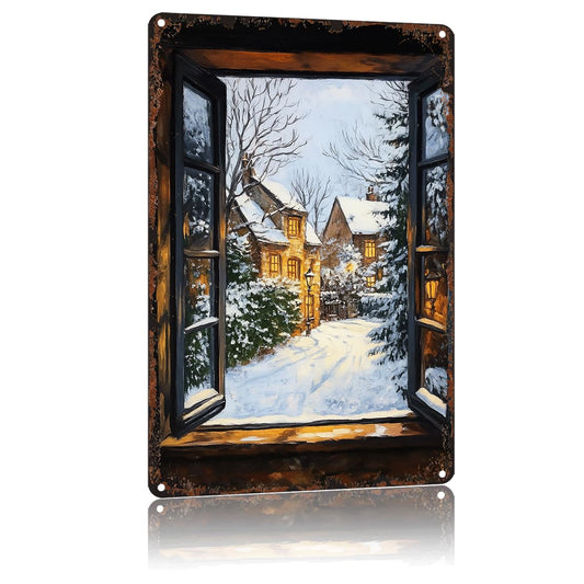 HSFHXY Vintage Open Window Festive Christmas Scene Metal Sign Funny Poster Aluminum 8x12inch-For Bathroom Living Room Bedroom Wall Decor