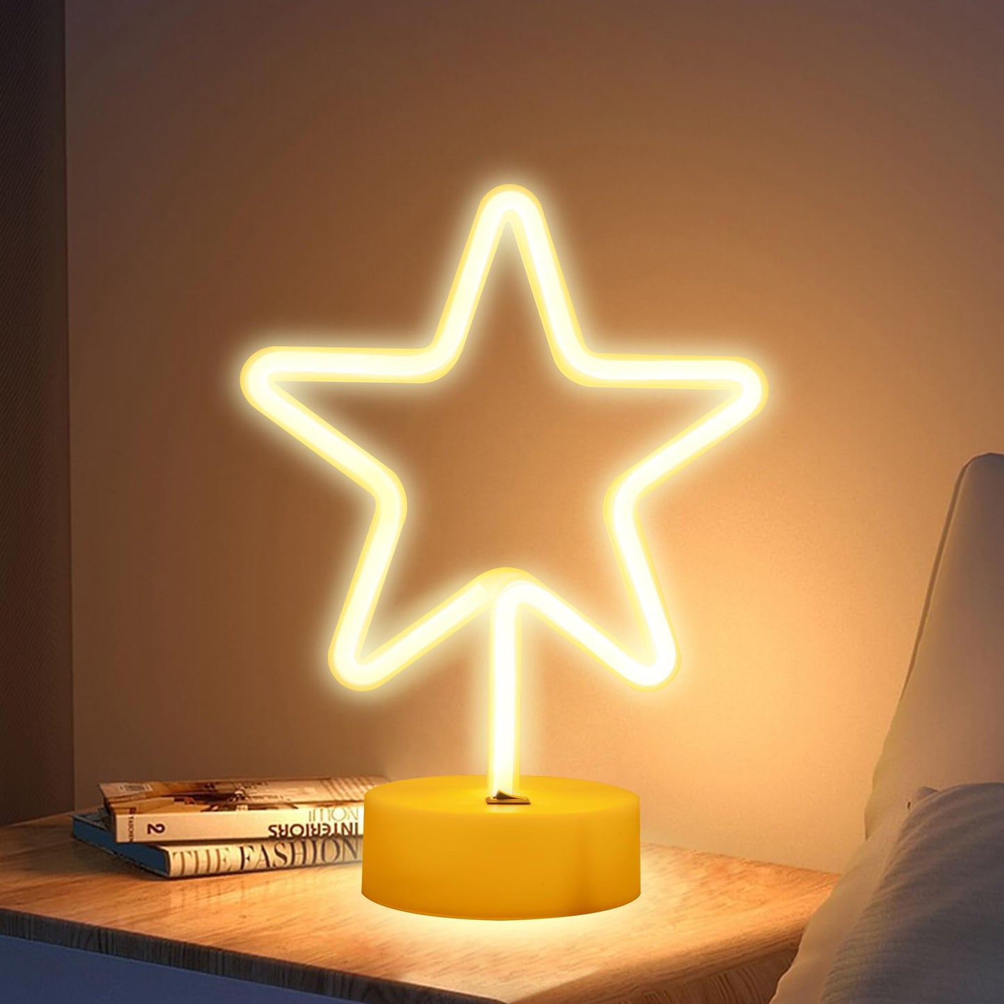 ENUOLI Warm White Star Shaped LED Neon Light Lamp with Base Battery Operated USB Powered LED Star Neon Sign Home Christmas Decoration Lights for Home Hotel Bedroom Store Decoration Night Light