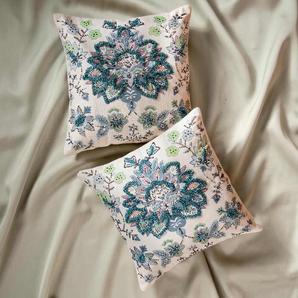 FINGERCRAFT Decorative Throw Pillow Cover Pack of 2 Soft Cotton Embroidered Cushion Cover, Couch Sofa Living Room Pillow Case 18 X 18 Inch Blue Meadow