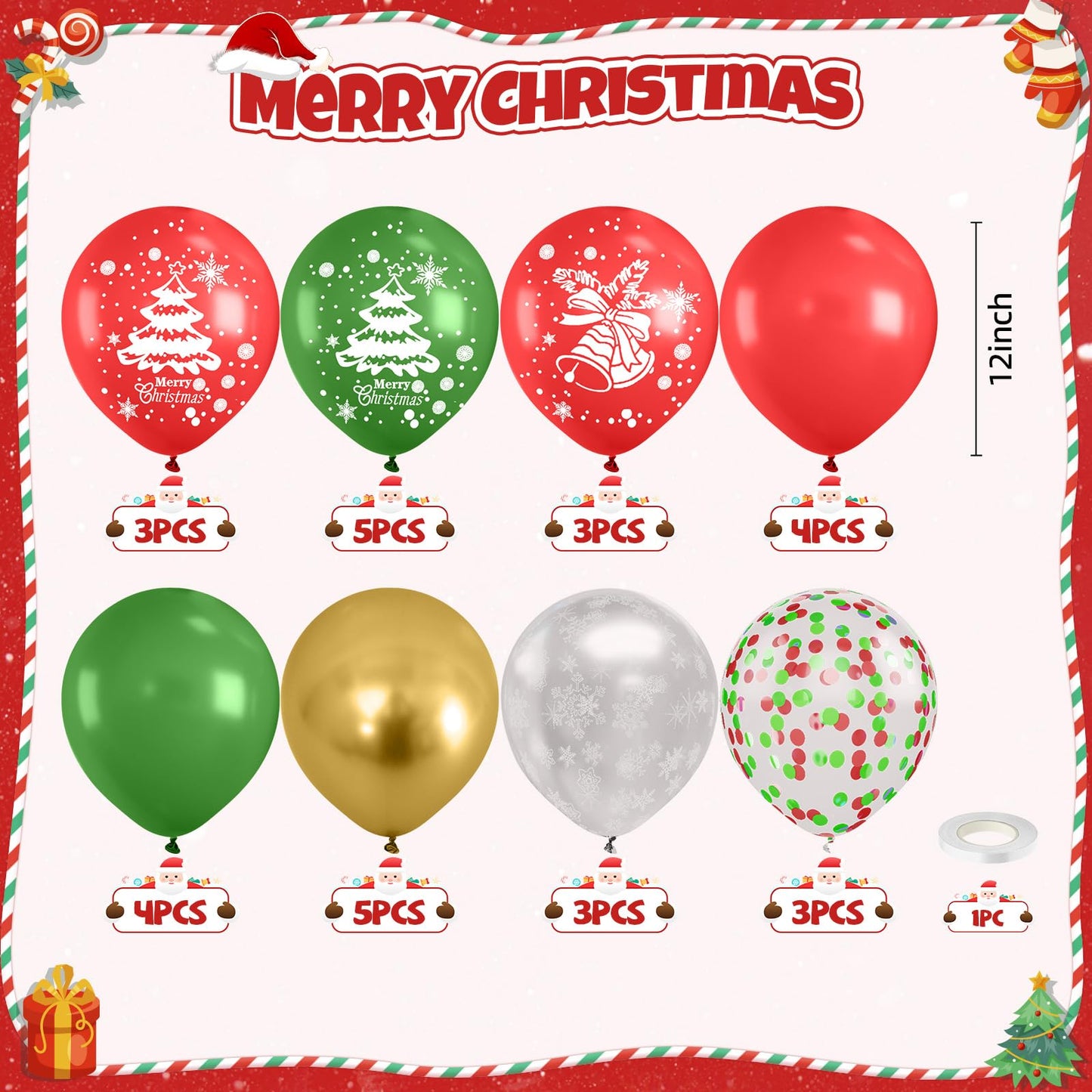 Christmas Balloons,12 Inch Red Green and Gold Christmas Tree Bell Printed Balloon,for Party Xmas Gifts School Classroom Game New Year Baby Shower Birthday Decorations