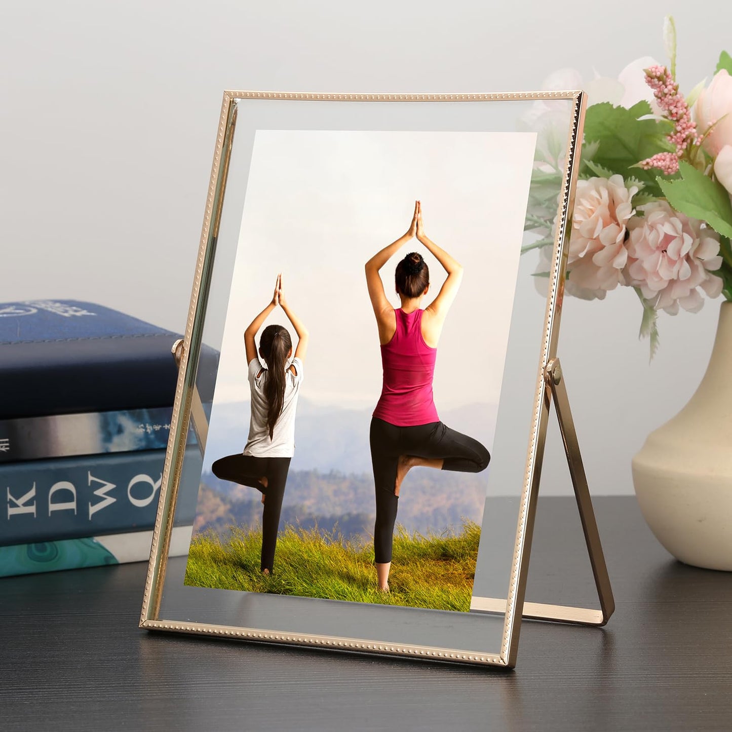 Gold 5x7'' Floating Frame Set of 2, For Photo Sizes (3.5 x5'', 4x 6'' up to 5x7'' ), Beautiful Metal Lace Edge Frames Adjustable Tabletop/Shelf Photo Frame, Classy Gift Choice for Wedding,