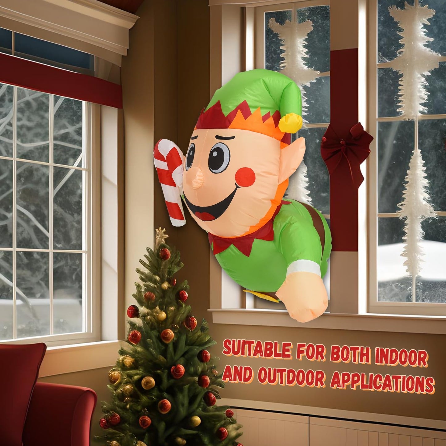 DearSun 3.0FT Christmas Inflatable Elf Boy with Build-in LED Lights Broke Out from Window, Blow up Christmas Inflatable Outdoor Indoor Decorations Cute Party Yard Decoration (Elf Boy Broke Window)