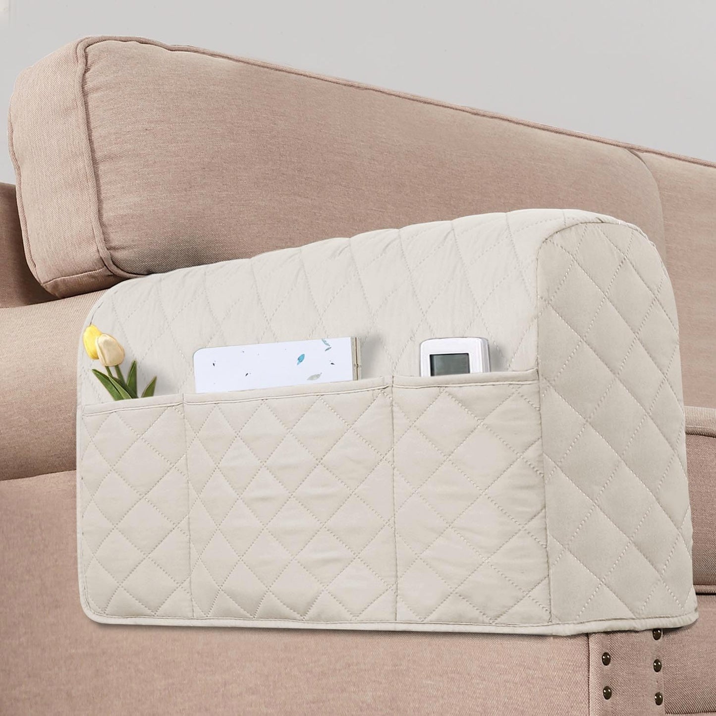 KPPKOU 2 Pack Water Resistant Armrest Covers for Chairs and Sofas Couch Arm Covers for Sofa with 3 Pockets for Phone Sofa Arm Protector Washable for Pets, Cats (Ivory)