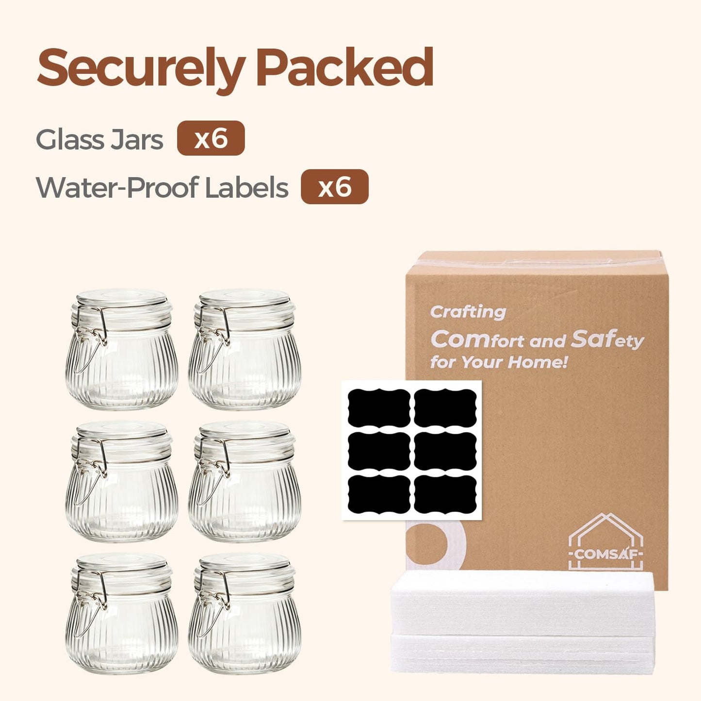 ComSaf 6-Pack 17oz Ribbed Glass Storage Jars with Airtight Clamp Lids, Decorative Wide Mouth Pint Canisters for Jam, Spices, Nuts, Snacks - Ideal for Kitchen Pantry and Drawer Organization