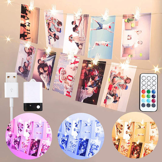 StarryEver 20 LED Photo Clip String Lights, 6.56ft 10 Color Changing Battery Operated & USB Fairy Lights with Remote Timer for Hanging Photo Banner, Cards, Memos, Indoor Ambiance Wall Decor