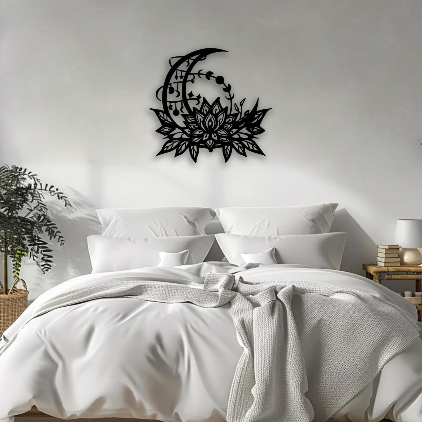 OPTYBVFD Moon Lotus Flower Metal Wall Decor - Moon Phase Room Decor Wall Art Home Decor for Living Room, Bedroom, Dining Room, Bathroom, Office (Black)