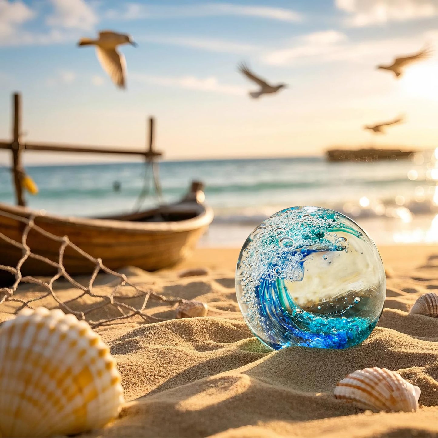 JUYOULE Hand Blown Ocean Wave Glass Ball ：Unique Gift for Beach Lovers，Beach Decorations for Home, Sea Glass Paperweight for Coastal Room Decor, Aquarium & Ocean Themed Decorations
