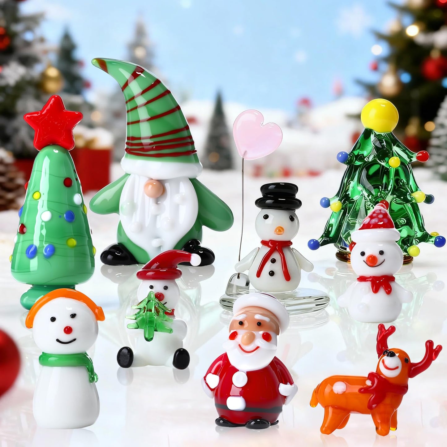 BrightRow 9 Pcs Blown Glass Christmas Tree Mini Christmas Figurines Sets Include Snowman Gnomes Reindeer Santa Claus Miniature Holiday Ornaments for Tabletop Home Decorations