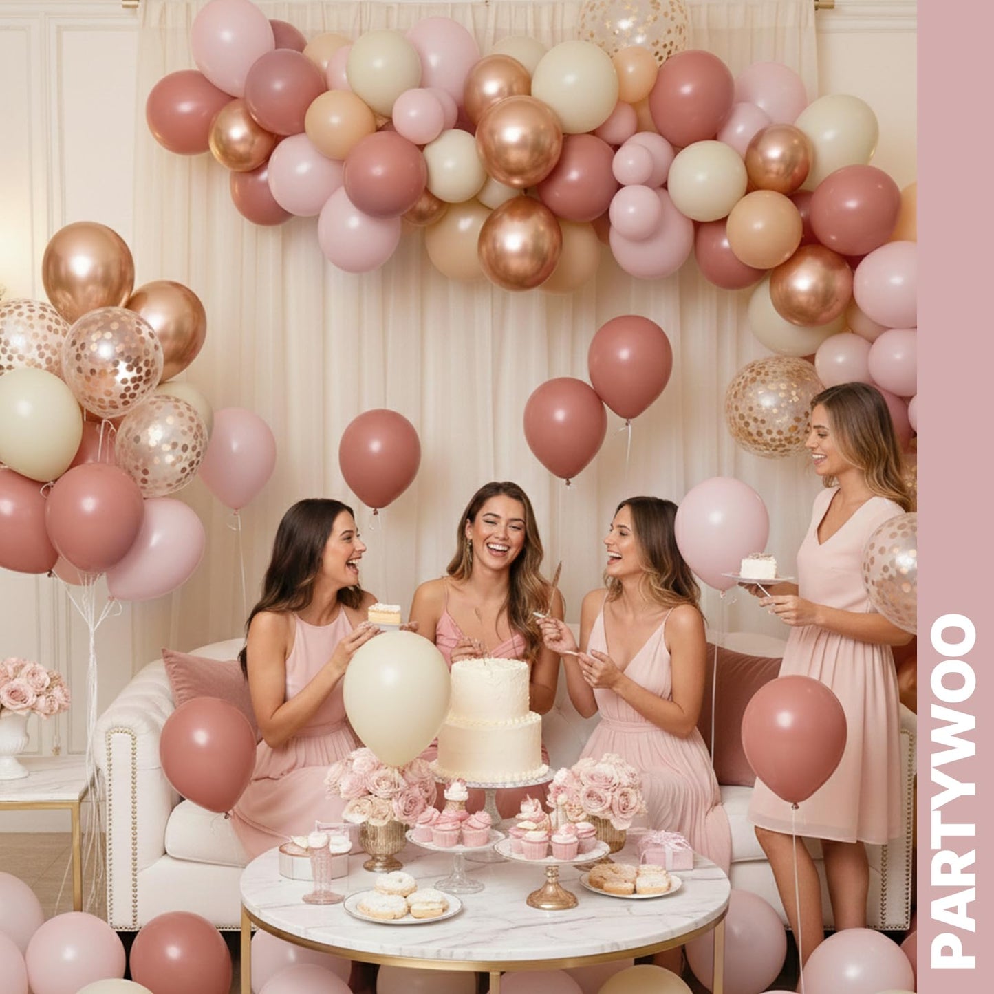 PartyWoo Dusty Pink Balloons 66pcs 12 Inch Blush Rose Pink Metallic Rose Gold Nude Boho White Sand Confetti Balloons for Baby Shower Birthday Gender Reveal Wedding Anniversary Party Decorations