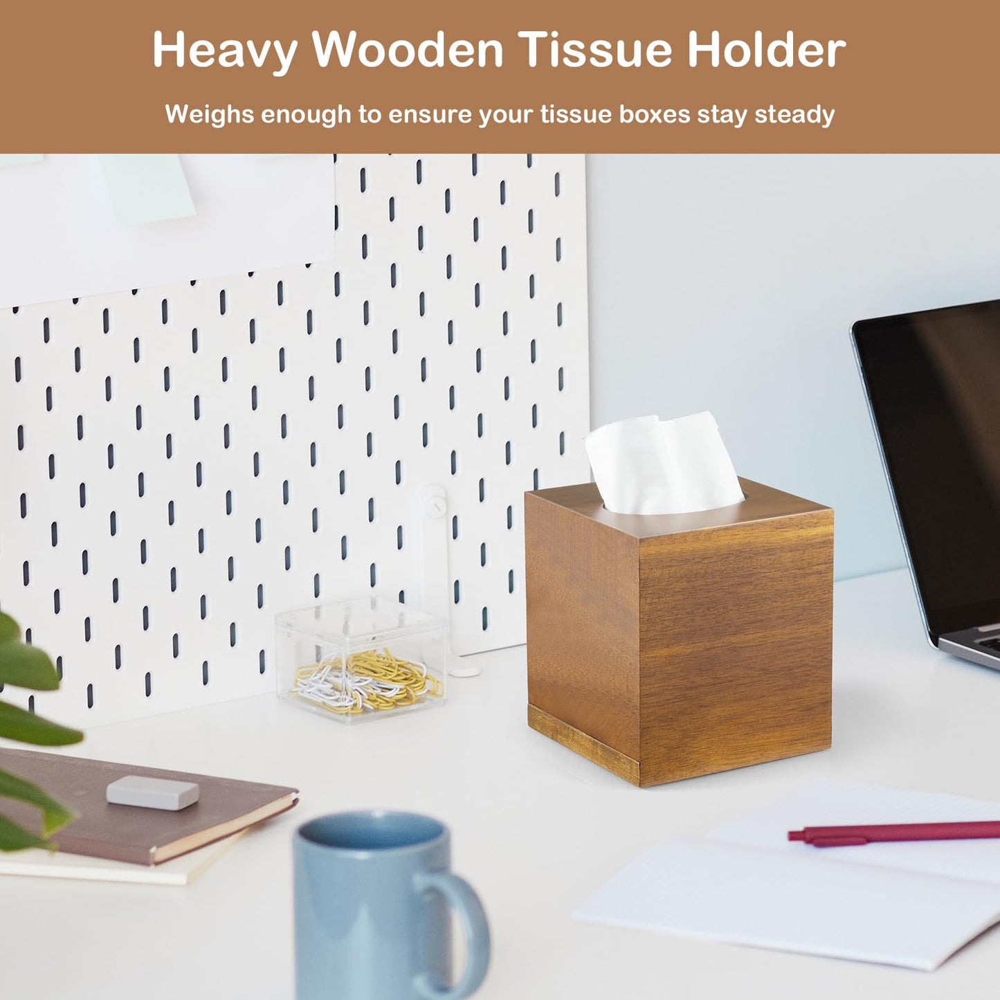 GCWSTJK Acacia Wood Tissue Box Cover - Square Thick Tissue Box Holder for Cube Boxes, Smooth Polished Decorative Wooden Tissue Holder for Bathroom, Bedroom, Dining Table, Kitchen or Office