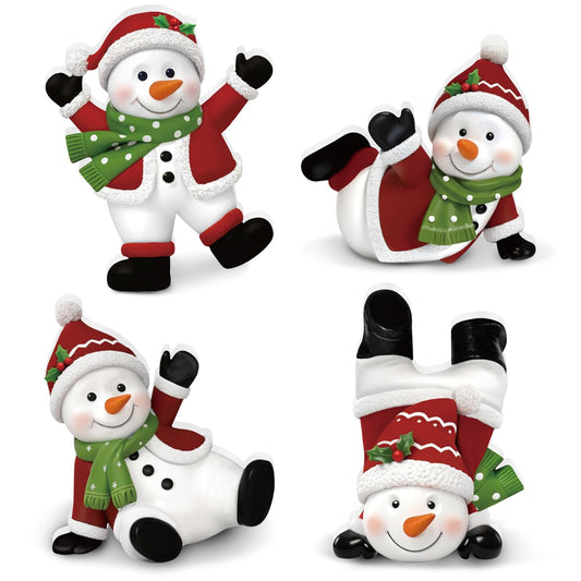 DoubleFill 4 Pcs Christmas Snowman Figurines Table Top Set Sitting Laying Standing Tabletop Decoration Wooden Snowman Statue Decor for Winter Holiday Mantle Desk Shelf Party Decoration