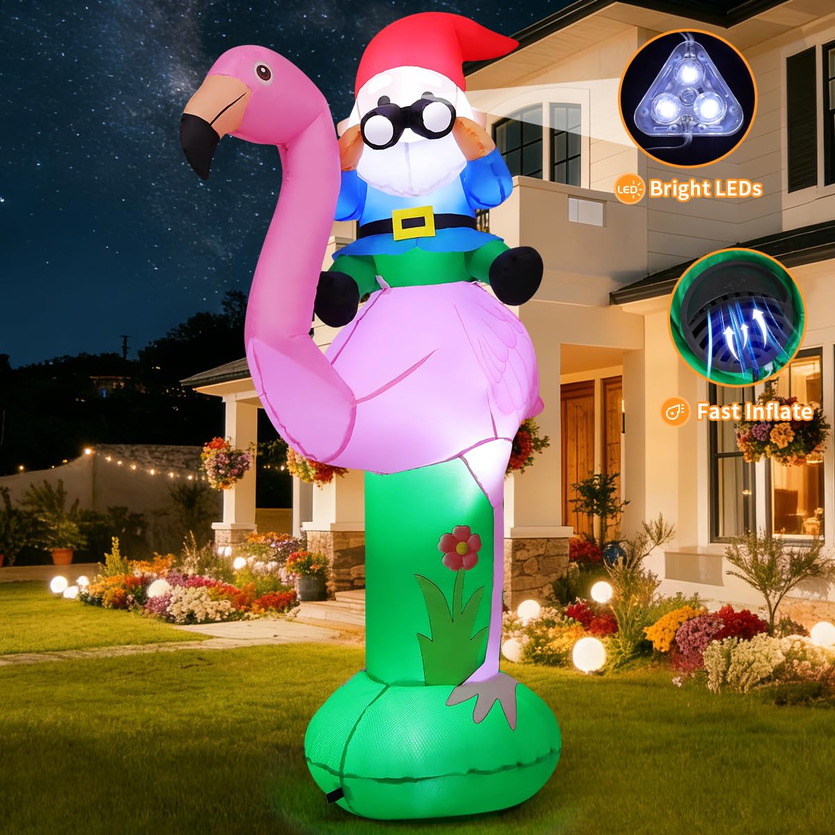 GOOSH 6 FT Spring Summer Inflatable Flamingo Outdoor Decoration Blow Up Yard with Gnomes Built-in LEDs for Indoor Hawaiian Party Garden Lawn Decor