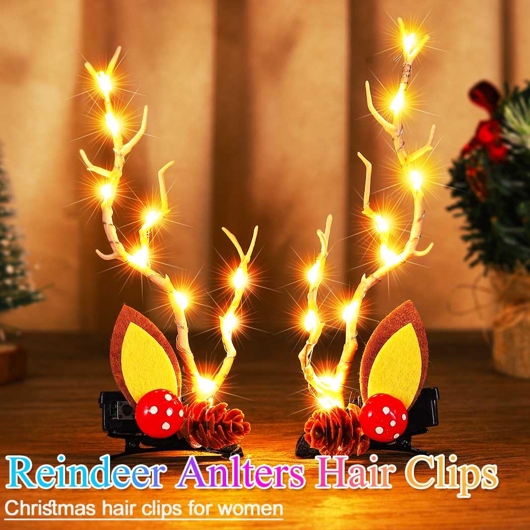 Bartosi LED Light Christmas Hair Clips Reindeer Antlers Xmas Hairpins Hair Barrettes Cute Head Pieces Hair Accessories for Women (Pack of 2)