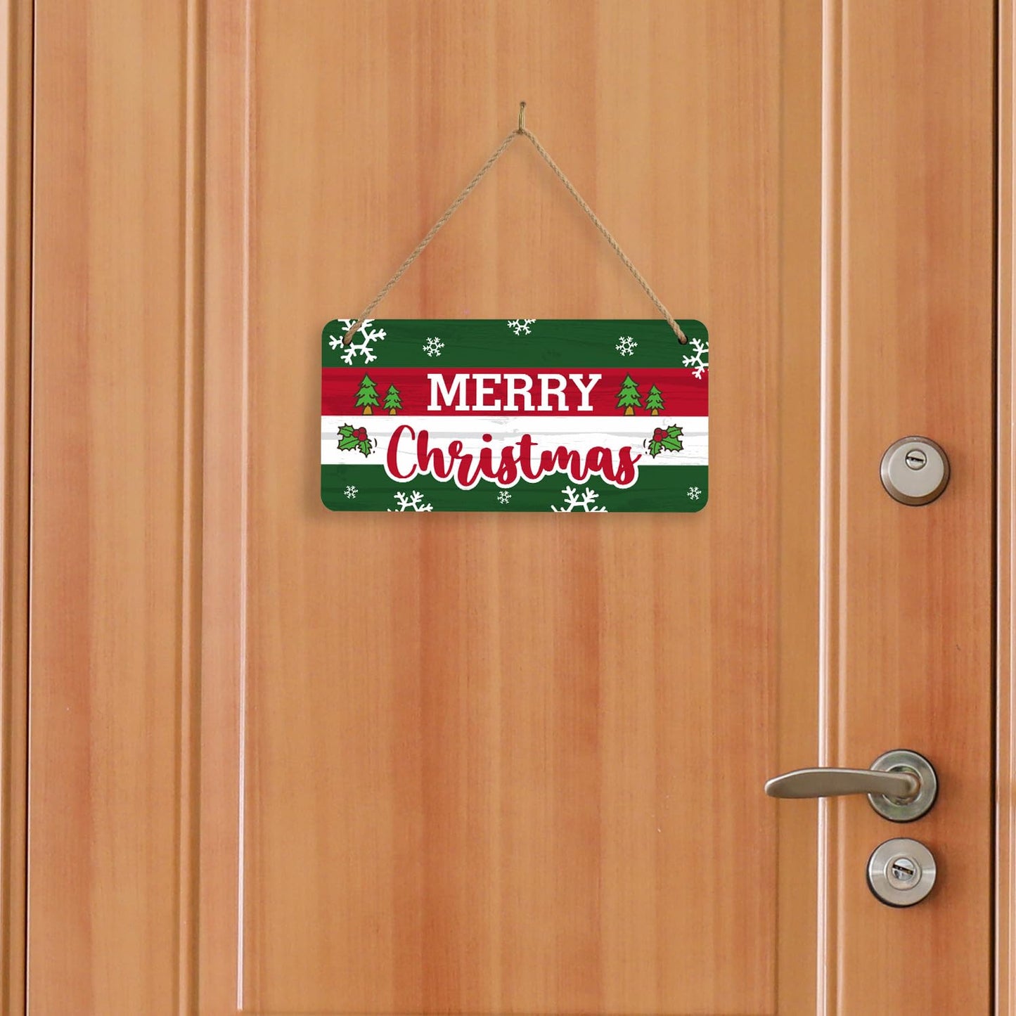 SmartSign 'Merry Christmas' Wooden Hanging Sign with Rope - 6"x12" Holiday Decor For Home/Cafe/Bar/Gifting, Snowflakes/Christmas Tree Prints on Rustic Background, USA-Made