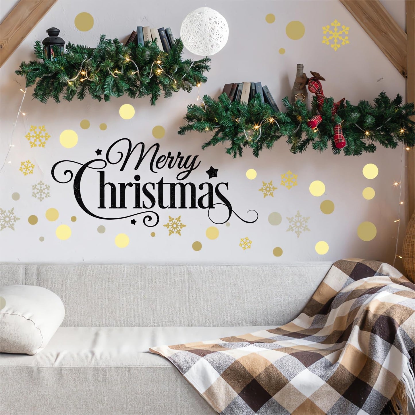 Christmas Gold Brown Gray Polka Dot Snowflake Wall Stickers,sacinora DIY Circle Art Wall Decal Removable Vinyl Peel and Stick for Christmas Party Living Room Bedroom Nursery Children's Room Decoration