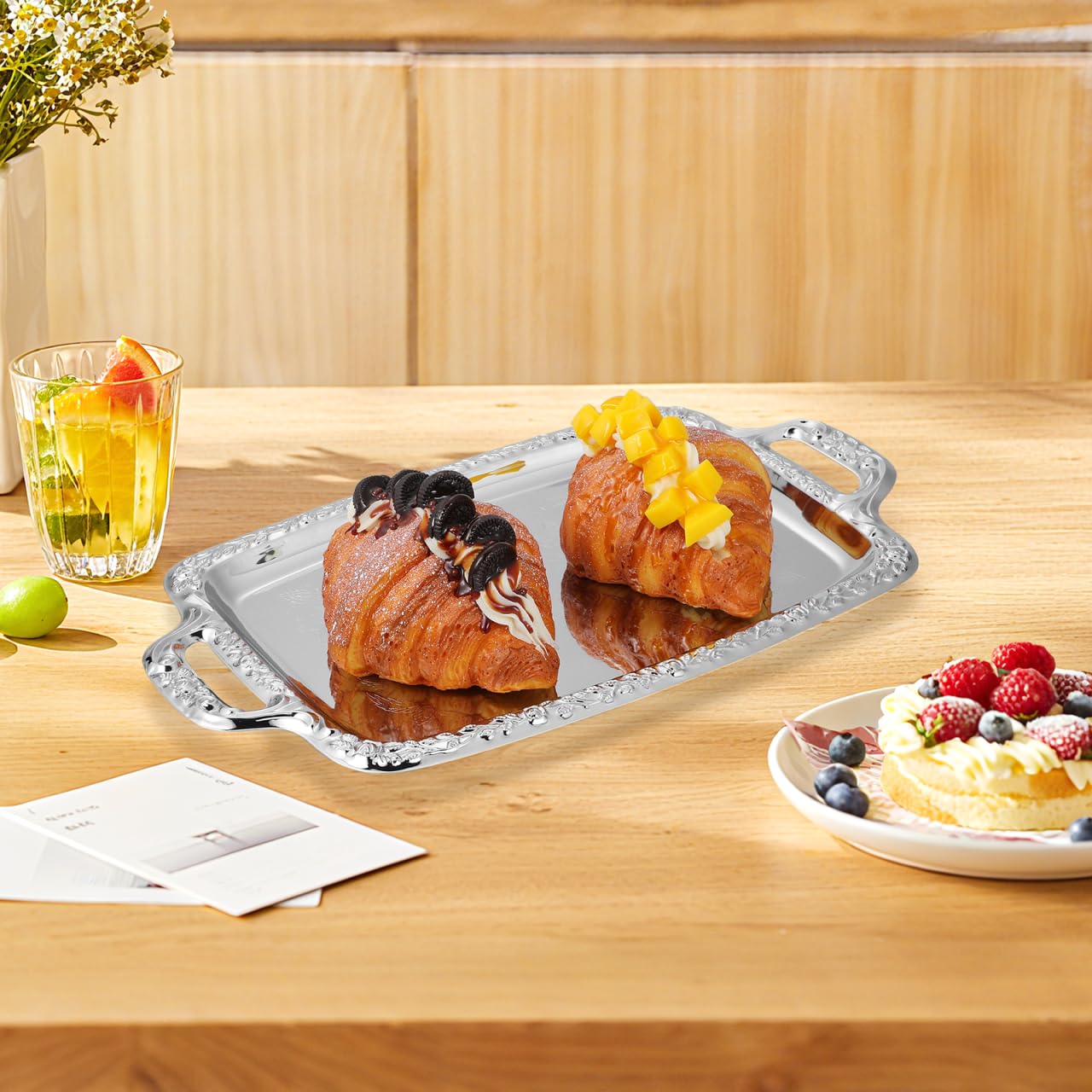 Housoutil Metal Serving Tray, Silver Large Rectangular Antique Serving Platter, European Retro Style Tray for Cookies, Charcuterie, Snacks, Desserts, Fruit, Party Food (39. 00x23. 00x1. 70cm)
