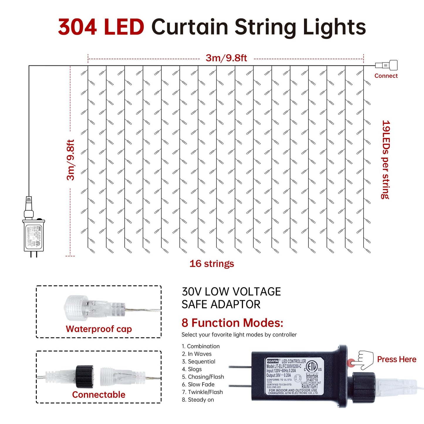 HEYFUNi 304 LED Curtain Lights Outdoor, 9.8Ft*9.8Ft Hanging String Lights Plug in with 8 Modes, Connectable Curtain Fairy Lights for Bedroom, Dorm, Christmas, Wall, Backdrop, Wedding Decor, White
