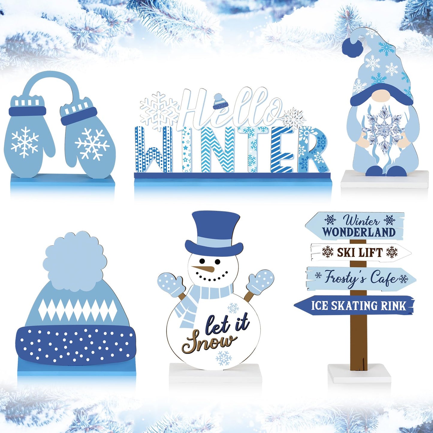 Barydat 6 Pcs Winter Wooden Table Decorations Snowman Snowflake Wooden Centerpieces for Party Black White Blue Tabletop Block Signs Winter Tiered Tray Decor for Home Office Kitchen(Snowman)