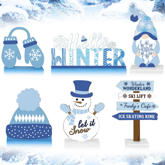 Barydat 6 Pcs Winter Wooden Table Decorations Snowman Snowflake Wooden Centerpieces for Party Black White Blue Tabletop Block Signs Winter Tiered Tray Decor for Home Office Kitchen(Snowman)