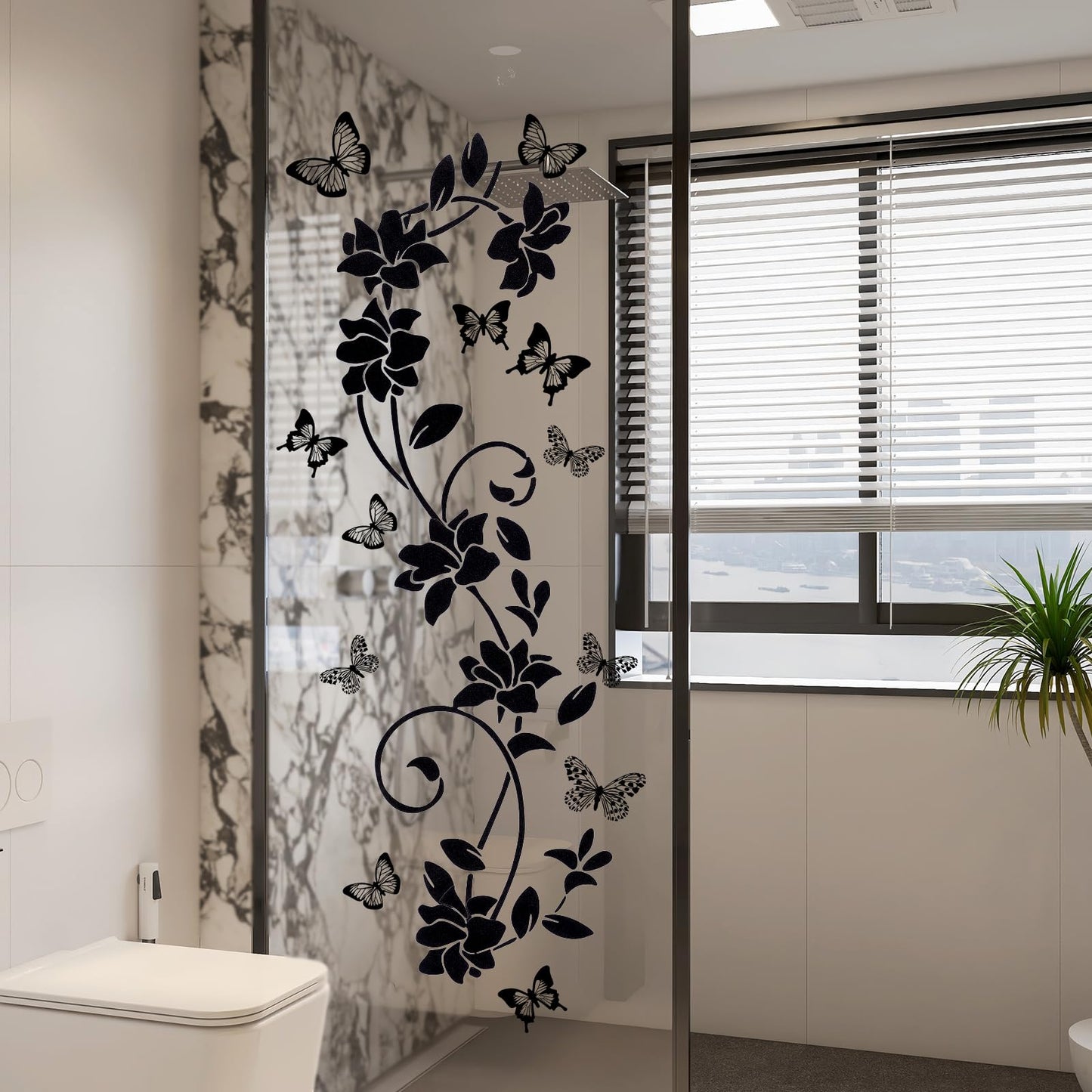 Heclia Black Flower Vine Butterfly Wall Stickers Art Design Wall Sticker Anti-Collision Window Vinyl Sticker Butterfly Glass Door Walls Decor for Bathroom Bedroom Kitchen Home Decorations
