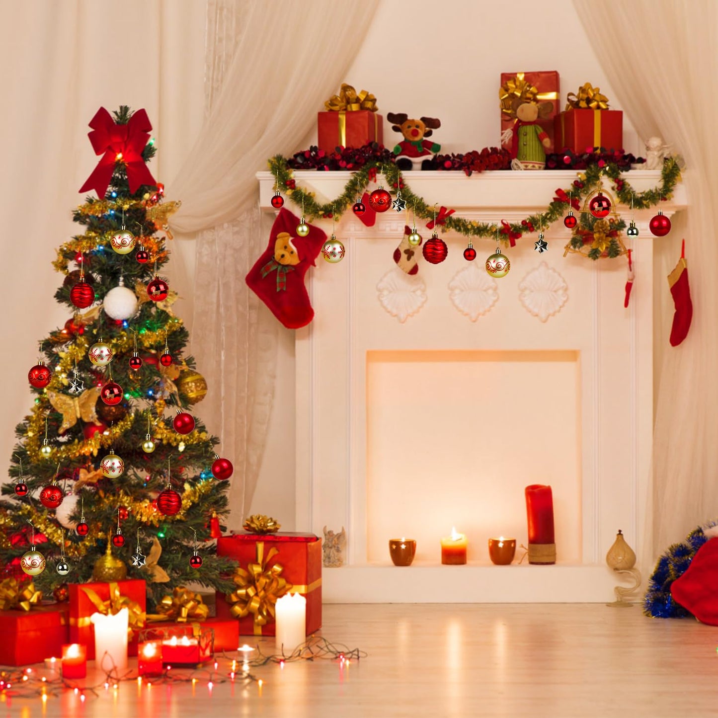 SULOLI Christmas Balls Ornaments Set, 44 Pcs Xmas Shatterproof Plastic Baubles Hanging Balls for Christmas Tree Holiday Party Wedding Decoration (Red & Gold)
