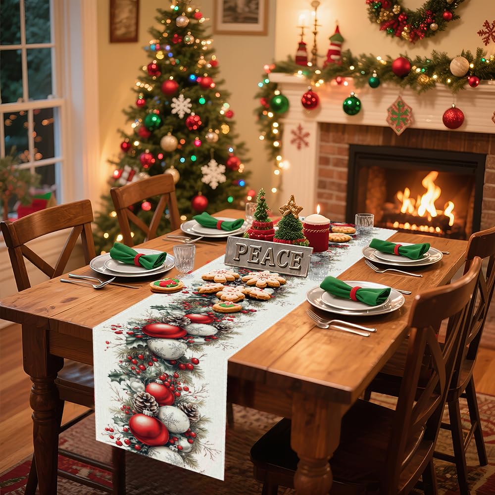 Christmas Table Runner, Seasonal Winter Kitchen Table Decoration, Suitable for Winter Christmas Family Gathering Indoor 13x72 inches (13x72 inches, Red and White Bell)