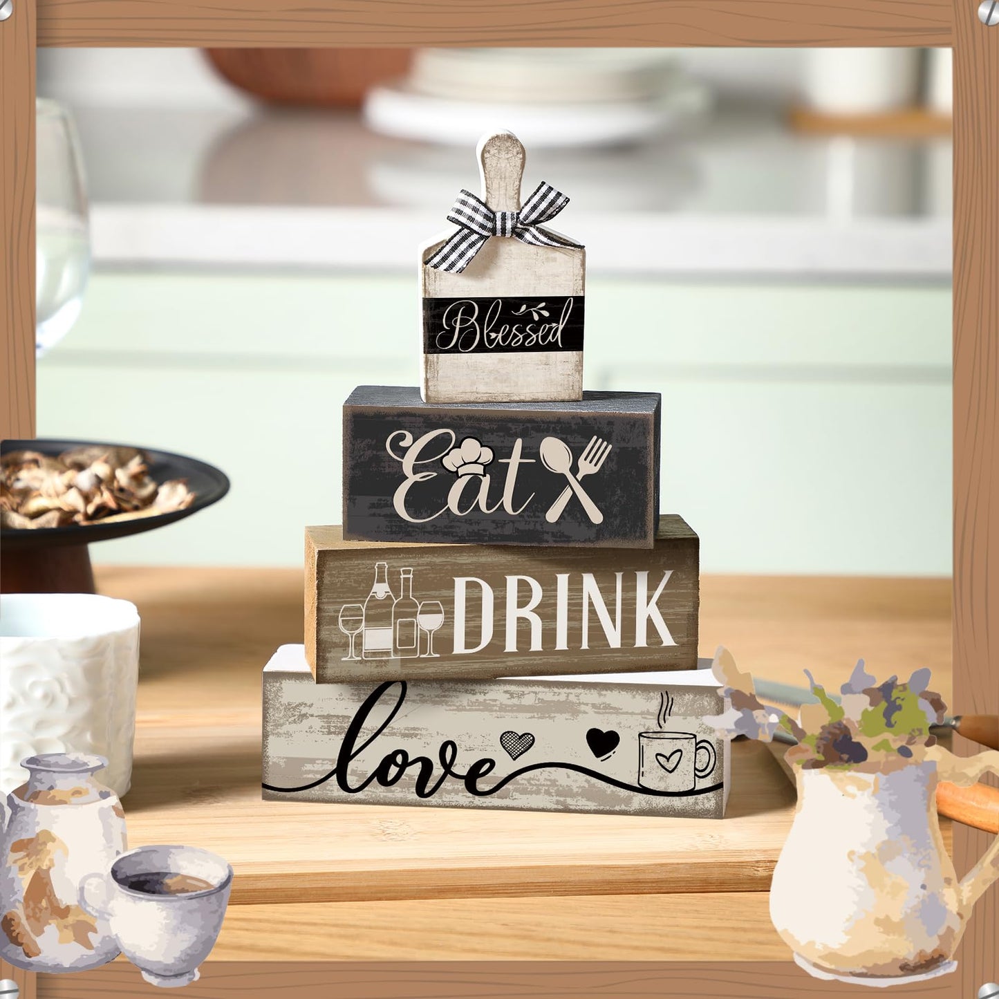 Moucuny 4 Pcs Farmhouse Kitchen Decor Wooden Plate Farmhouse Table Decor Black Brown and White Plate Tableware Centerpiece Rustic Decorative Plates Block Sign for Display Cabinet Kitchen Decoration