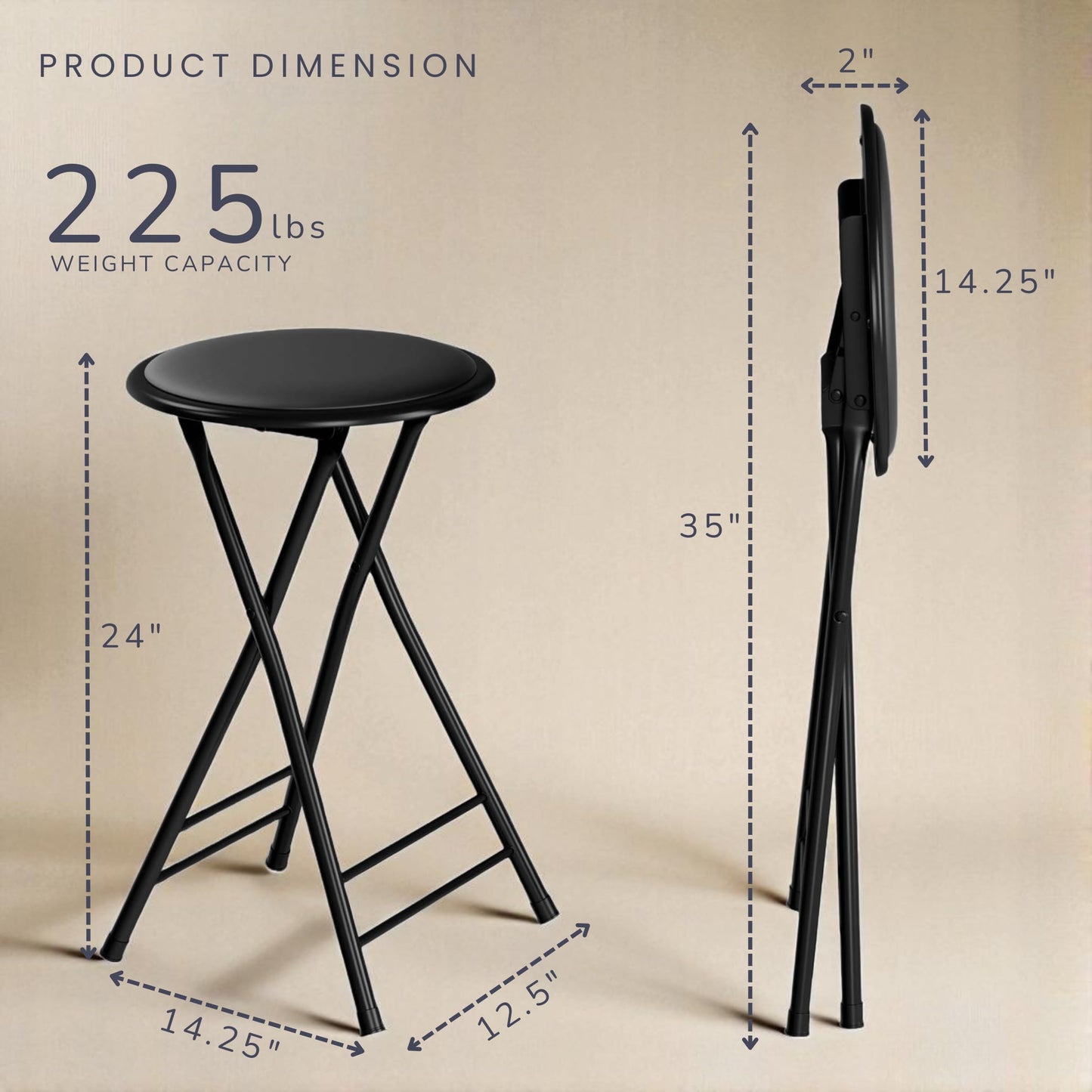 Trademark Home Collection Backless Folding Stool with 225lb Capacity for Kitchen or Rec Room - Portable Indoor Counter Bar Stools (24-Inch, Black)