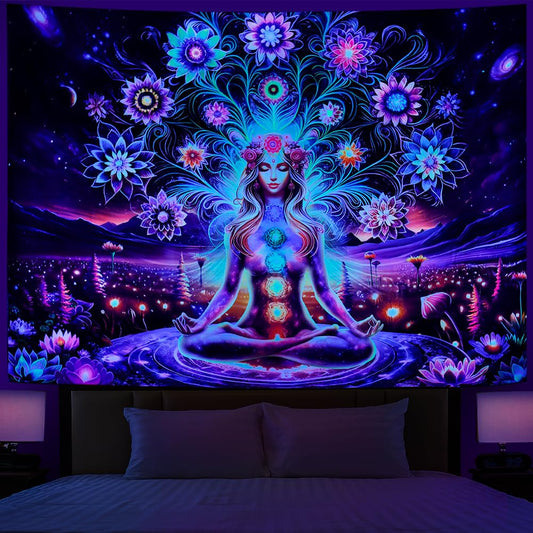 Dermijer Blacklight Seven Chakra Yoga Meditation Tapestry Flower Chakra Tapestries Galaxy Space Planet Tapestry UV Reactive Lotus Spiritual Tapestries Wall Hanging for Home Decor 59.1L x 51.2W