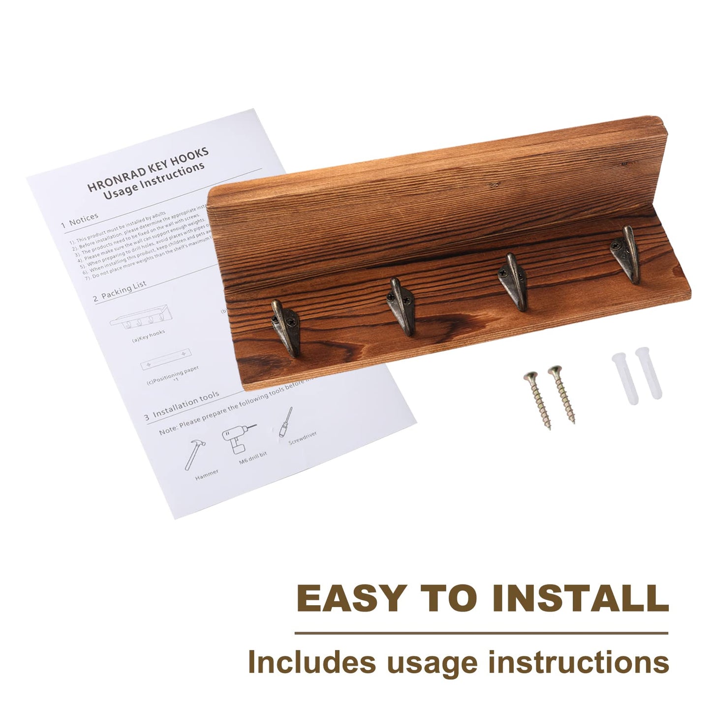 HRONRAD Rustic Key Holder for Wall, Farmhouse Wall Shelf with 4 Hooks, Wall Mounted Key Racks, Wooden Mail Organizer with Hooks for Entryway (Brown - Pine)