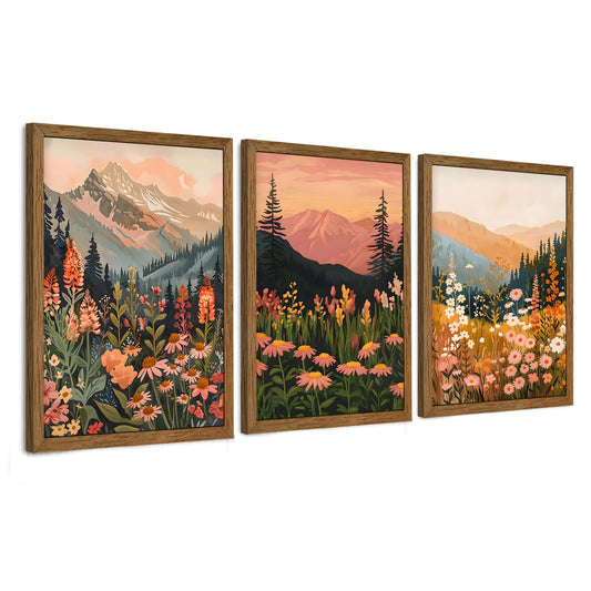 InspiredHues Colorful Landscape Boho Canvas Wall Art Set, 3 Piece Wildflower Mountain Wall Decor, Vintage Floral Rustic Nature Artwork Prints for Living Room Bedroom Office 12x16 Inch Wood Framed