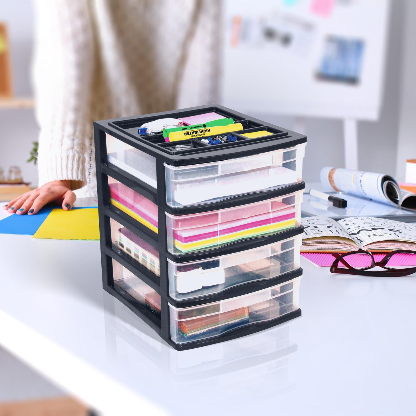 Gracious Living 4-Drawer Desktop and Countertop Storage Organizer Drawer Set, Plastic Office Desk Organizer, Black/Clear